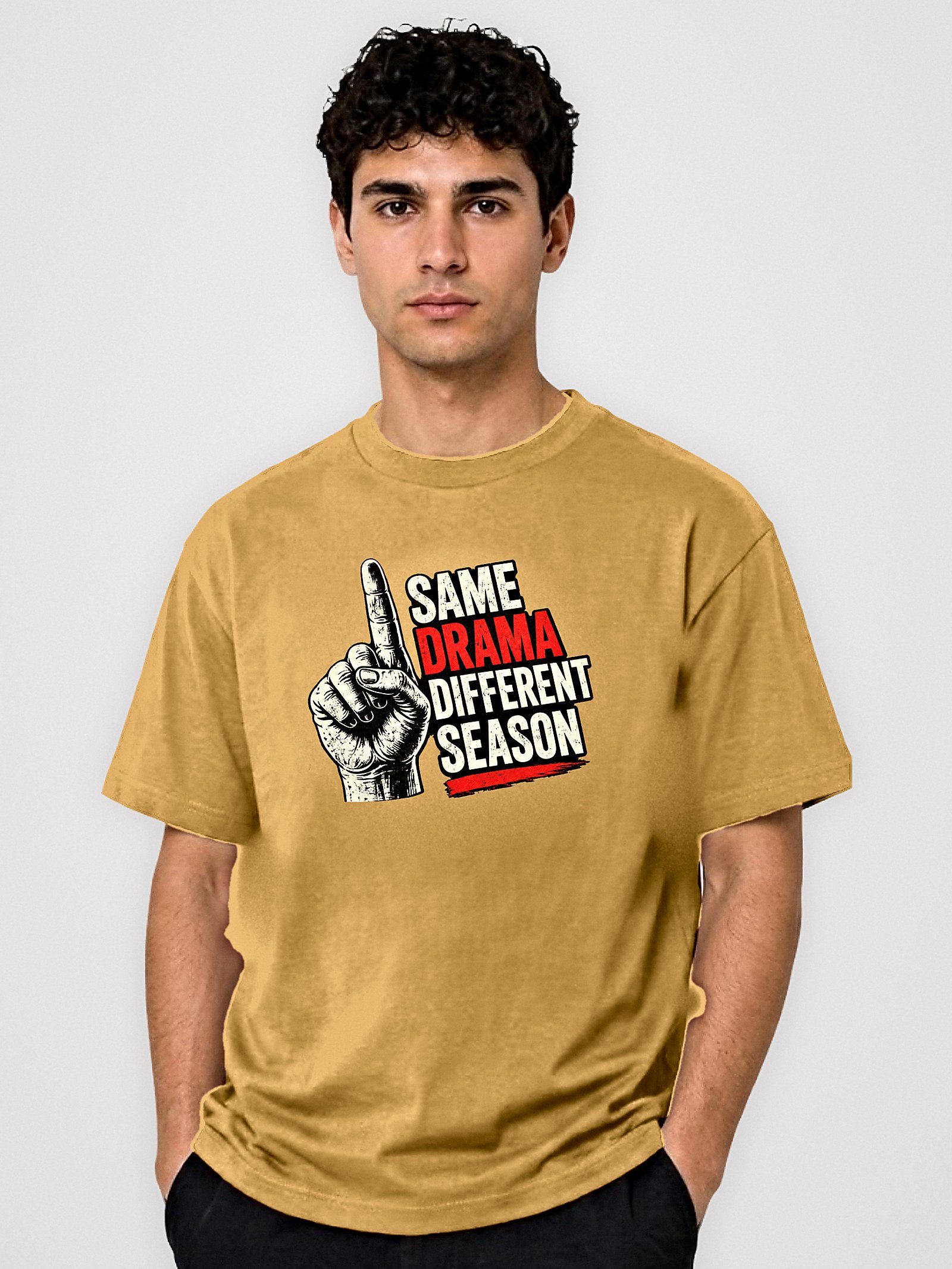 Same Drama Different Season round neck tee in mustard