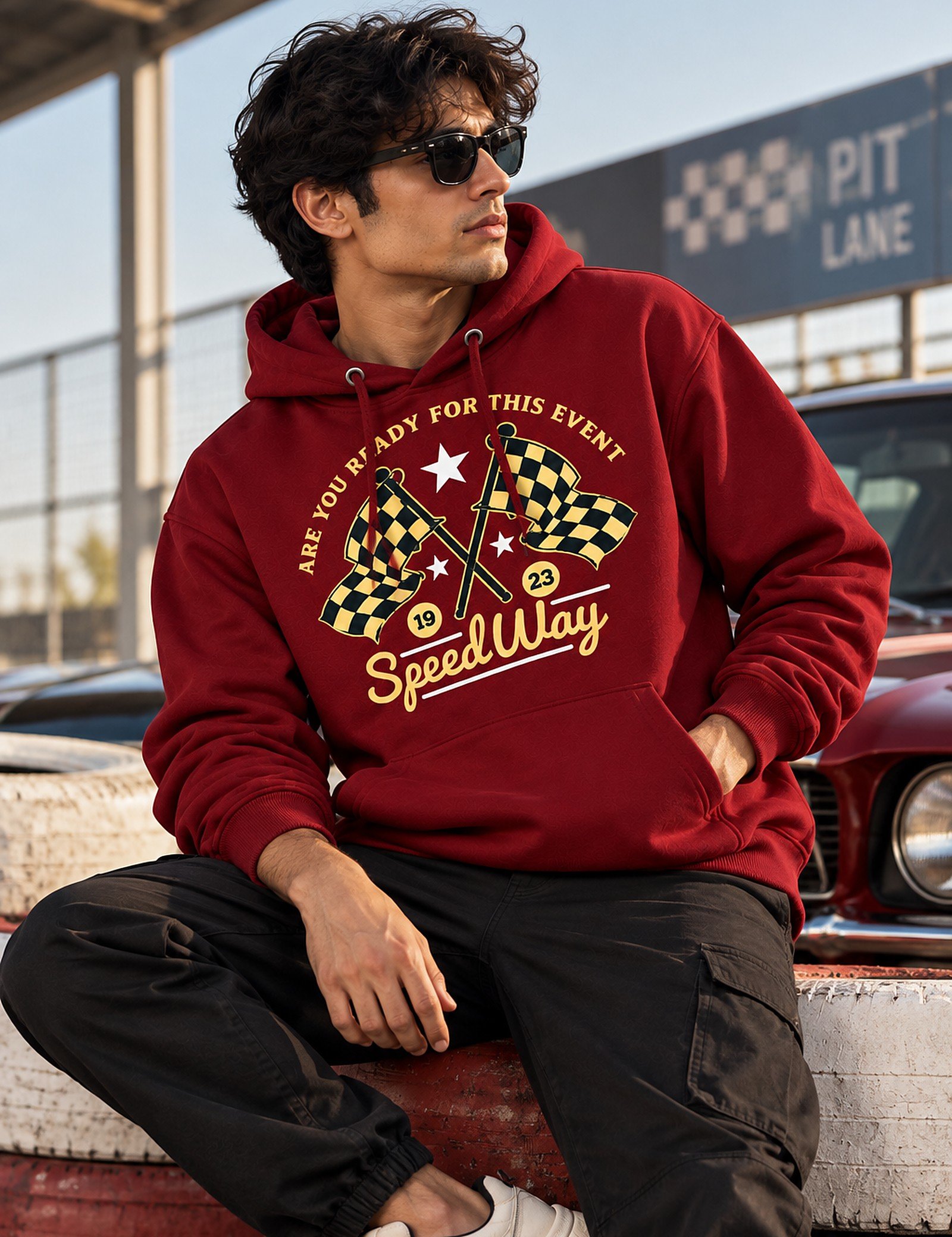 Model wearing the Speedway racing hoodie in maroon